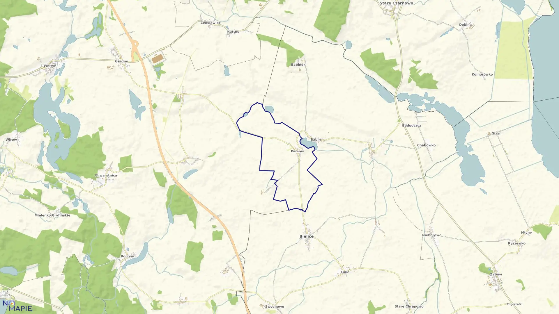 Mapa obrębu Parsów w gminie Bielice