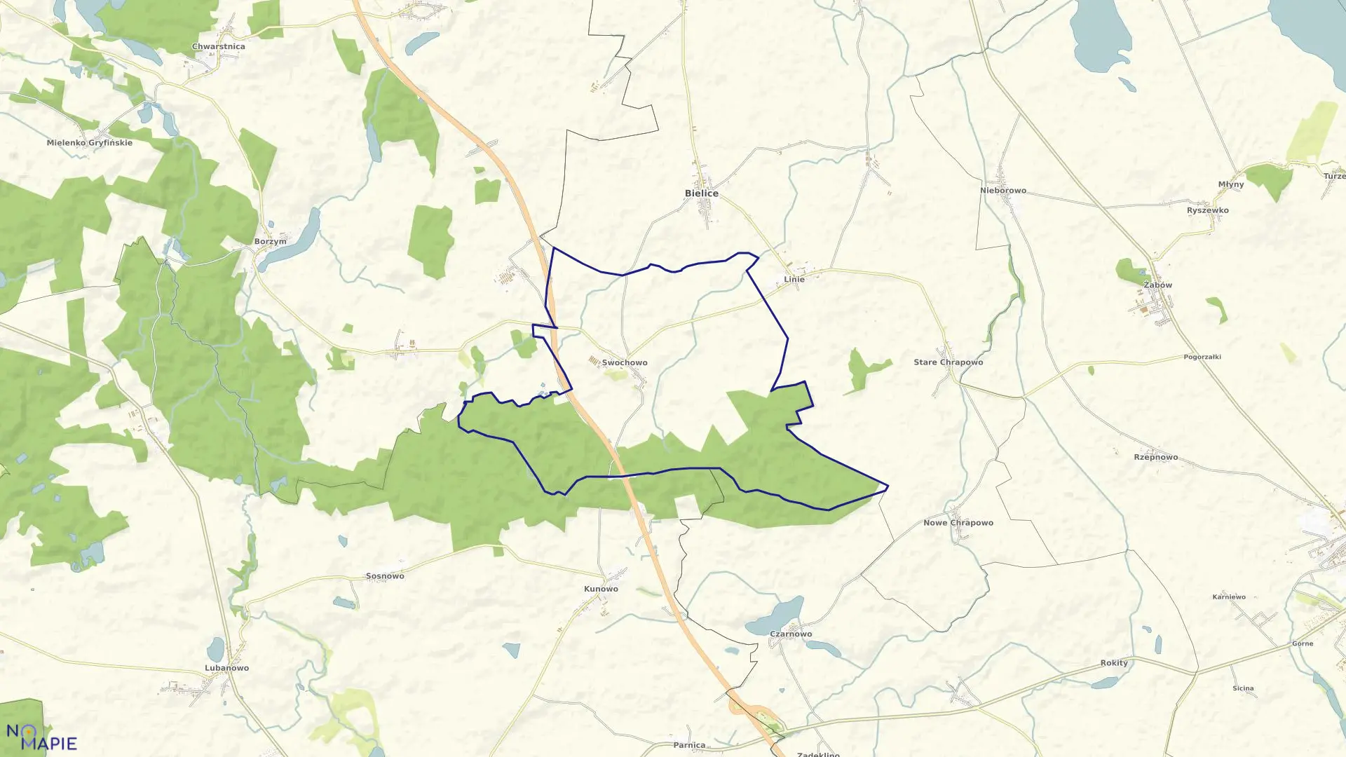 Mapa obrębu Swochowo w gminie Bielice